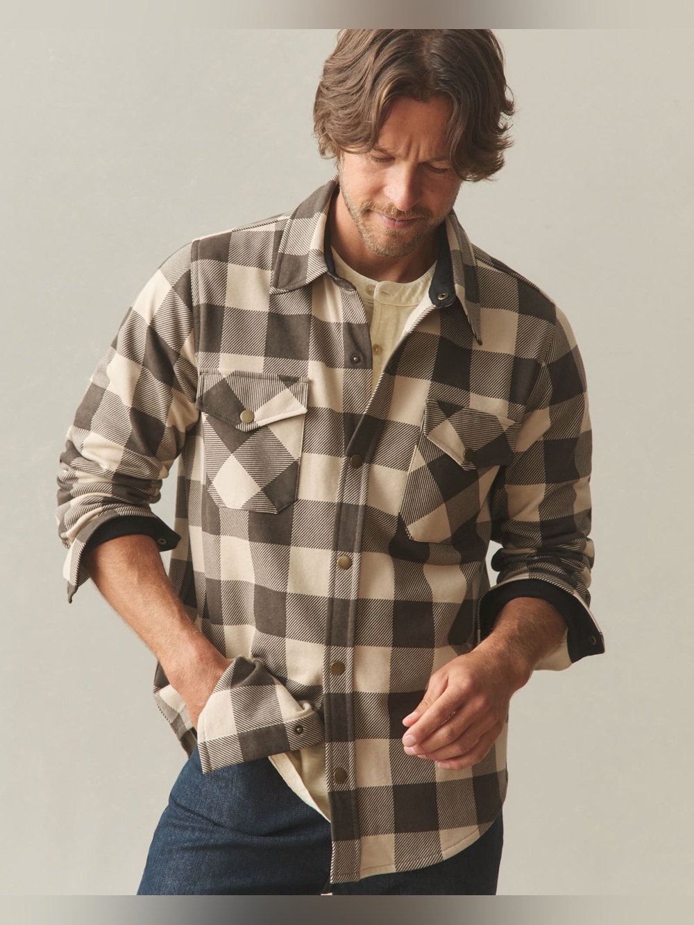 NEW American Giant Unisex Redwood Fleece Overshirt in White Pepper Plaid, Large